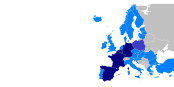 En bleu foncé, les "états-cadre"; en bleu clair, les états pouvant rejoindre l'Eurocorps. Foto: TRDeathmaker / Wikimedia Commons / PD